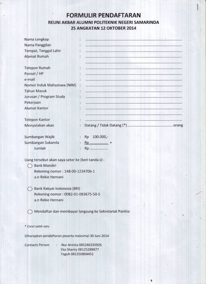 formulir pendaftaran Reuni 25 Angkatan POLNES 2014