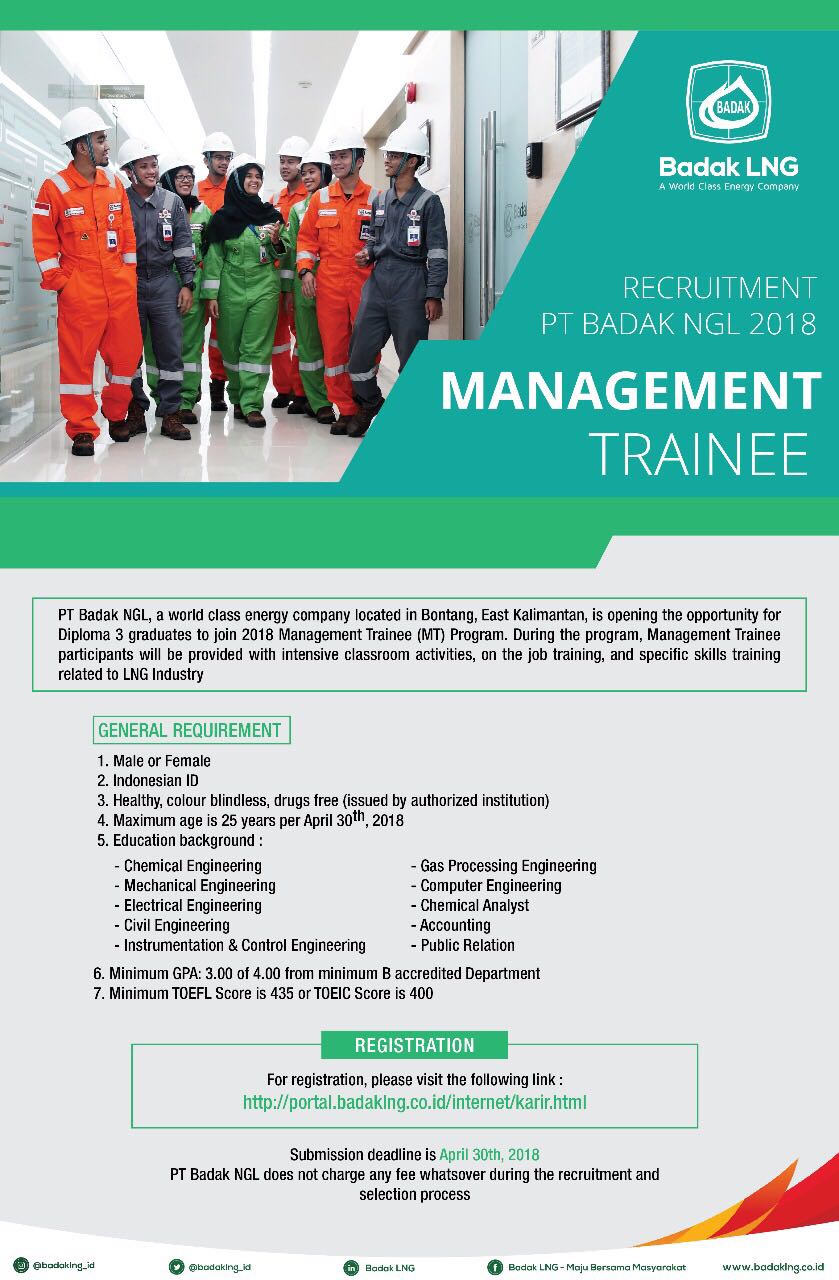 Recruitment Management Trainee D3 PT. BADAK LNG Bontang 2018
