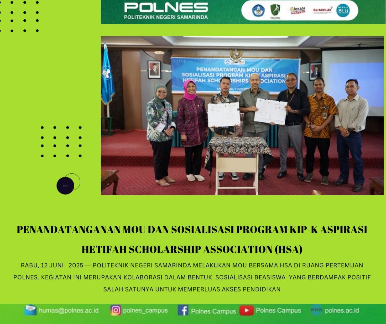 Perkuat Kolaborasi! Politeknik Negeri Samarinda melakukan penandatanganan MOU bersama Hetifah Scholarship Association (HSA)