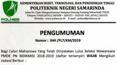 PENGUMUMAN HASIL WAWANCARA CALON MAHASISWA BIDIKMISI JALUR PMDK-PN TAHUN 2019-2020