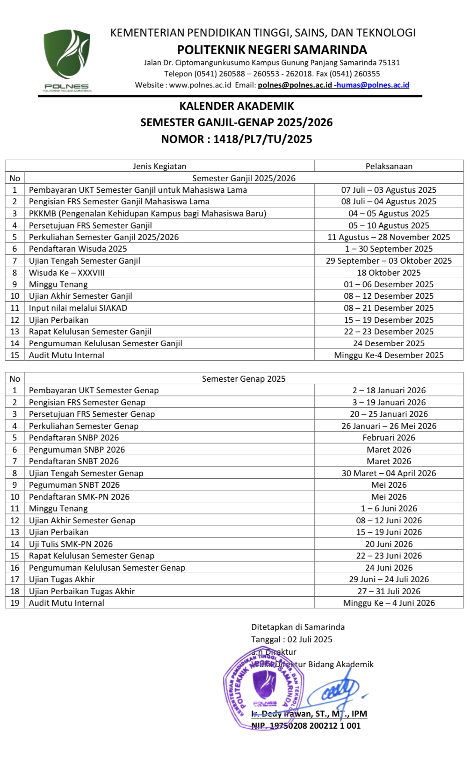 Kalender Akademik POLNES Semester Ganjil - Genap Tahun Akademik 2025-2026