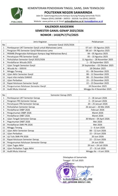 Kalender Akademik POLNES Semester Ganjil - Genap Tahun Akademik 2025-2026