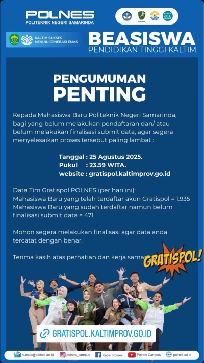 PENGUMUMAN PENTING GRATISPOL KEPADA MAHASISWA BARU POLITEKNIK NEGERI SAMARINDA!