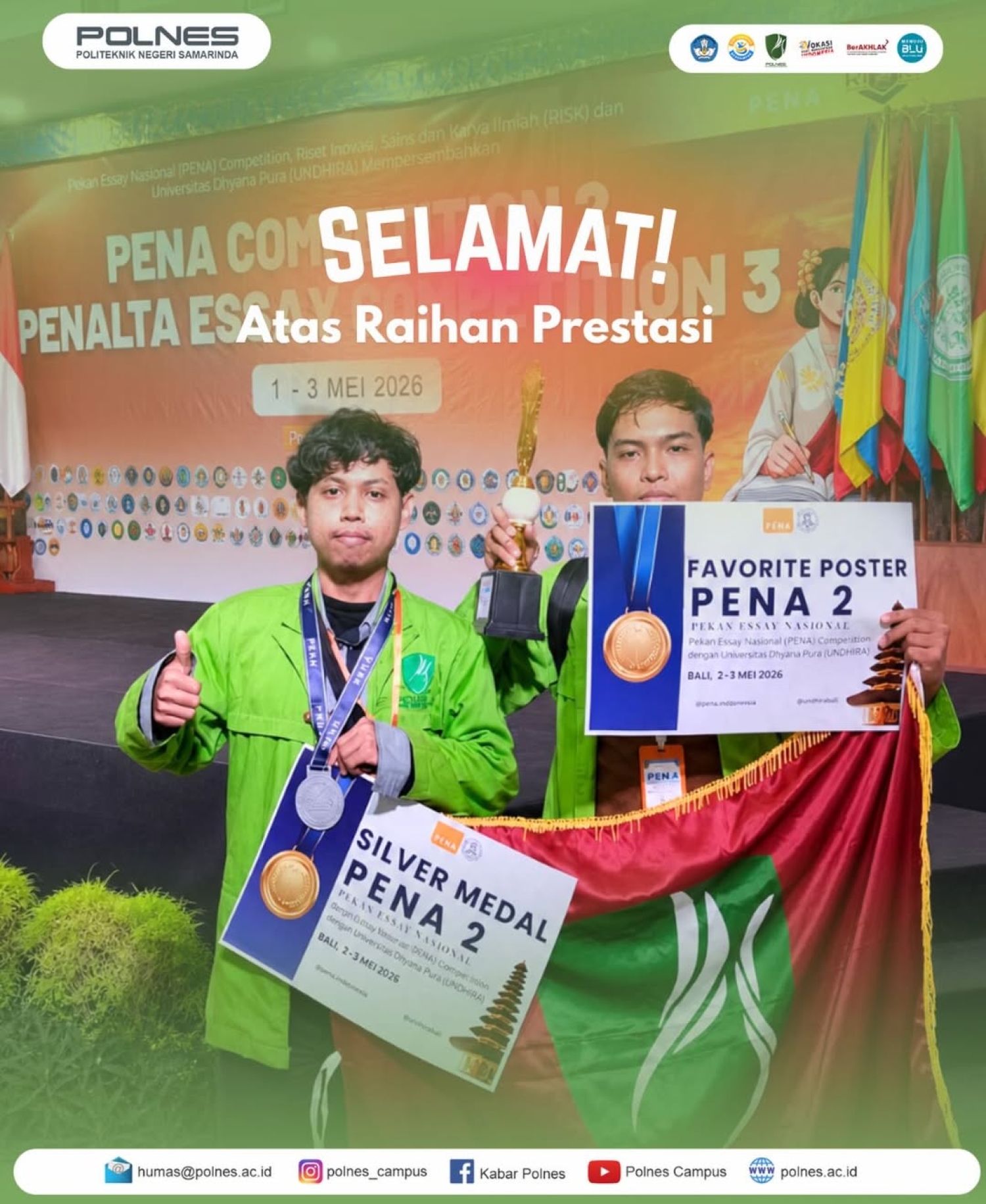 Mahasiswa Berprestasi Politeknik Negeri Samarinda! Tim mahasiswa Polnes berhasil meraih 2 penghargaan bergengsi
