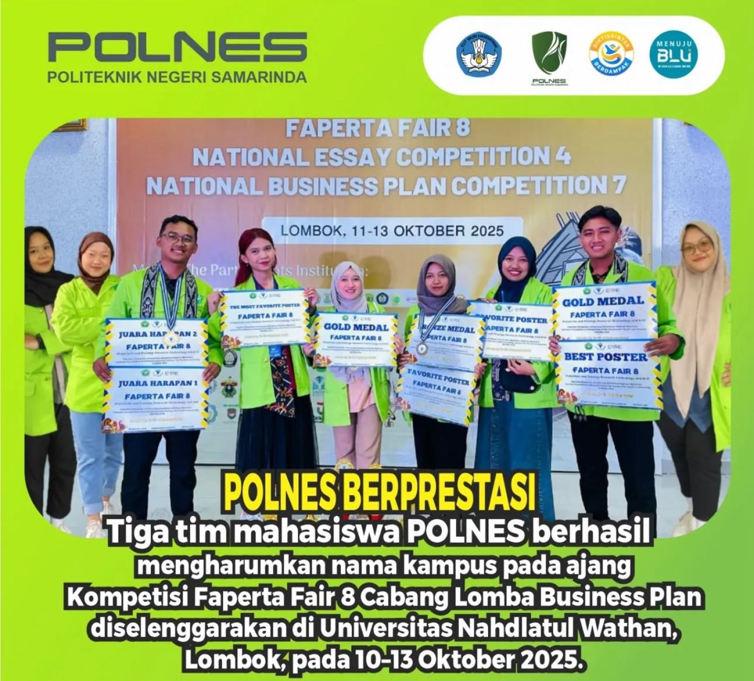 Polnes Berprestasi! Tiga tim mahasiswa berhasil mengharumkan nama kampus pada ajang Kompetisi Faperta Fair 8 Cabang Lomba Business Plan